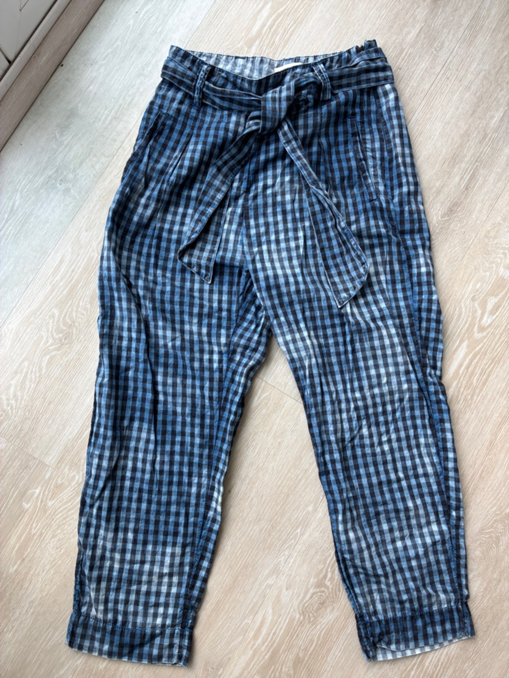 *ANTHROPOLOGIE*Maeve Navy and Black Gingham Paperbag Waist Trousers